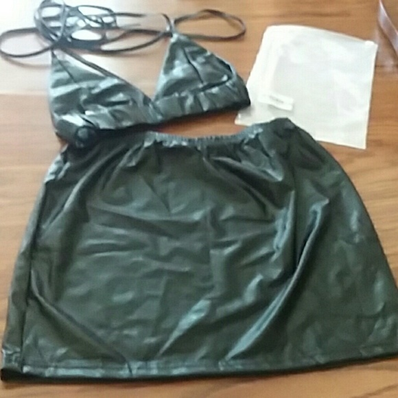 PU Strappy Solid Color Sexy Two-Piece Set - Picture 7 of 7